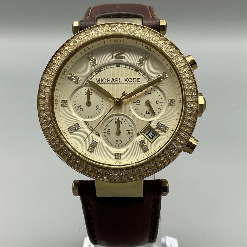 Michael Kors MK-2249 Womens Watch 39mm Brown Leather Chronograph New Battery